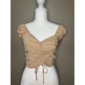 Japna Women Tan Ruched Front Crop Top V-Neck Smocked Back Size M